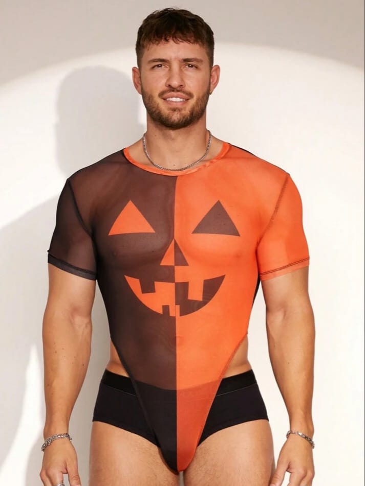 BONGA BOYS Men's Sexy Contrast Color Splicing Printed Mesh See-Through Bodysuit